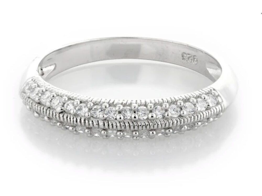 Gorgeous Pave Milgrain Edge Sim Diamond Band Ring Sz 8~925 Sterling Silver